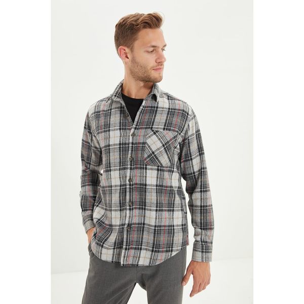Trendyol Trendyol Gray Men's Slim Fit Zapinany kołnierzyk Single Pocket Lumberjack Krata Koszula z długim rękawem
