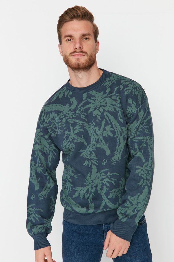 Trendyol Trendyol Green Men's Oversize Fit Wide Fit Jacquard Crew Neck Knitwear Sweater