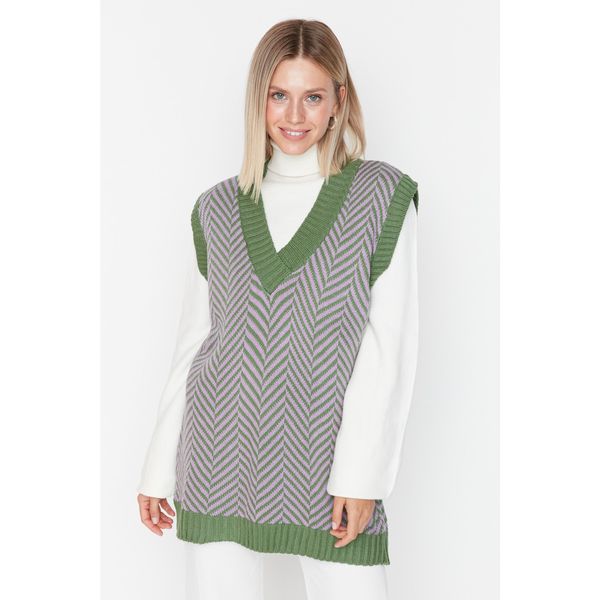 Trendyol Trendyol Green Striped V Neck Knitwear Sweater
