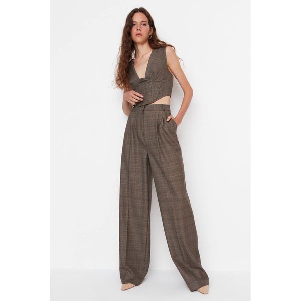 Trendyol Trendyol Limited Edition Brown Plaid High Waist Woven Trousers