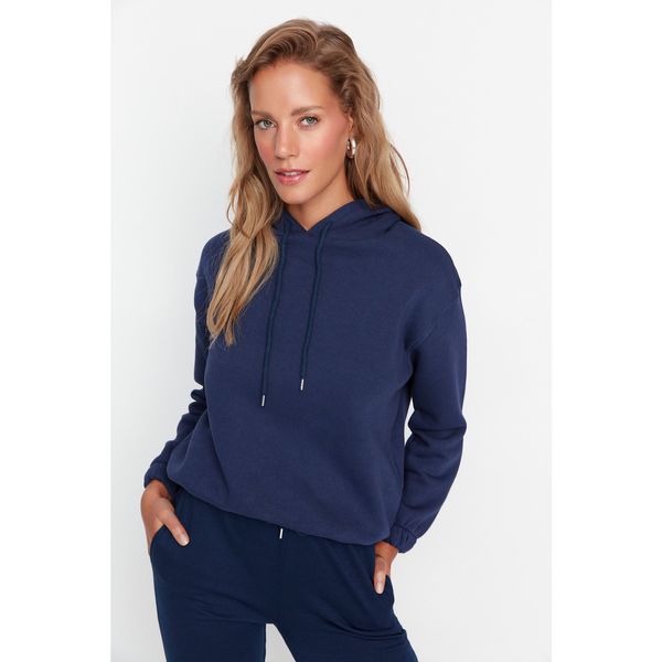 Trendyol Trendyol Navy Blue Hooded Ruffle Detailed Basic Knit Raised Sweatshirt