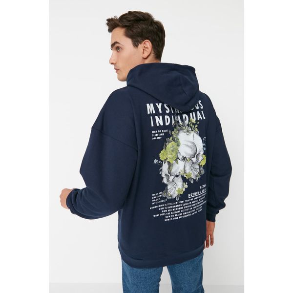 Trendyol Trendyol Navy Men's Oversize Fit Hoodie Printed Sweatshirt