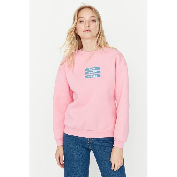 Trendyol Trendyol Pink Embroidered Loose Stand Up Collar Knitted Raised Sweatshirt