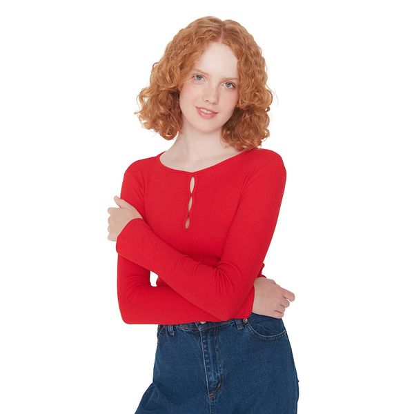 Trendyol Trendyol Red Collar Detailed Corduroy Crop Knitted Blouse
